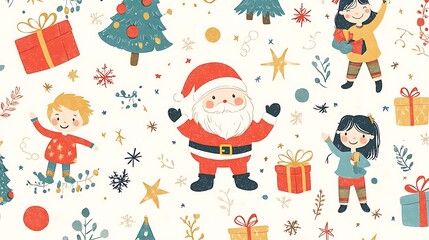 A vibrant, seamless pattern featuring Santa Claus, boys and girls with gifts, set against a festive background