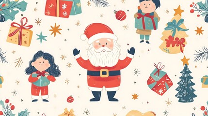 Fototapeta premium A vibrant, seamless pattern featuring Santa Claus, boys and girls with gifts, set against a festive background
