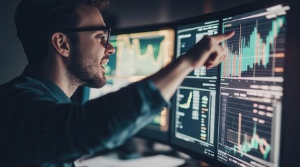 Focused analyst examining data charts on multiple screens, assessing market trends and performance metrics for informed decisions.