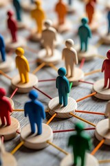 Wooden figurines in multiple colors representing business strategy and team dynamics.