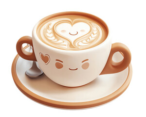 Cute coffee cup with a heart design on frothy surface, perfect for showcasing love for coffee and cozy moments, Transparent background.