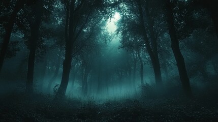 Fototapeta premium A Misty Forest Path with Silhouettes of Trees