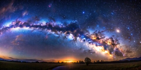 Naklejka premium Night sky landscape featuring the Milky Way galaxy, Cygnus constellation, Andromeda galaxy, and Cygnus nebula, Milky Way