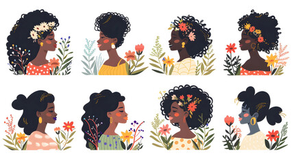 Beautiful Set of Vector Illustrations Featuring Curly African American Women , Transparent Background