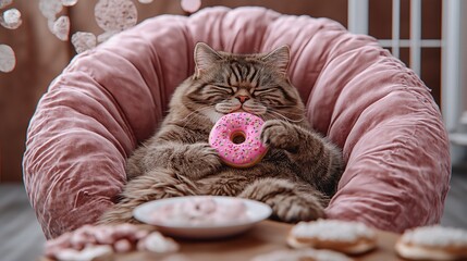 Big fat tabby cat eats favorite fast food sweet donut