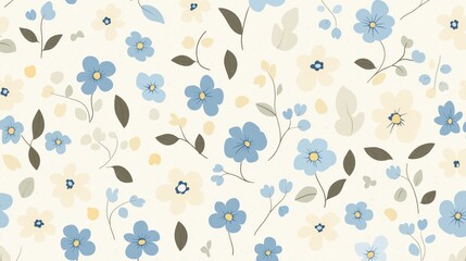 Pattern of blue flowers and green leaves on a light yellow background