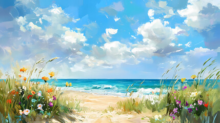 Summer blue sky green sea water wild flowers on beach nature landscape , impressionism art background. Impressionism. Illustration