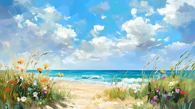 Summer blue sky green sea water wild flowers on beach nature landscape , impressionism art background. Impressionism. Illustration