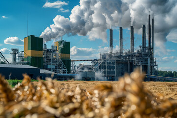  Wood pellet powered plant with rising steam from industrial towers, showcasing renewable energy