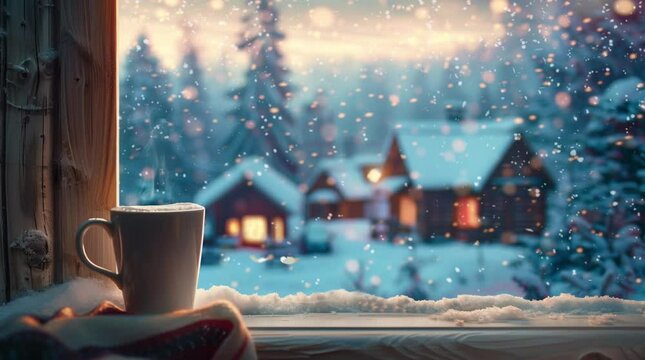 Cup of coffee by a window overlooking snowy houses in a quiet winter landscape, creating a serene and cozy ambiance
 Seamless looping 4k time-lapse virtual video animation Generated AI