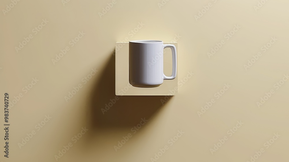 Poster white ceramic mug on a white shelf against a light beige wall