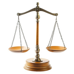 Vintage gold balance scale measure or law justice symbol Lawyers on white and transparent background. PNG cutout.