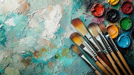 Paintbrushes and Palette with Colorful Paints