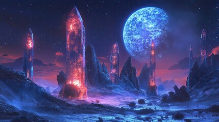 Fototapeta premium Crystal Towers on an Alien World with a Blue Moon