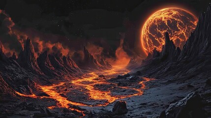 A fiery, alien landscape with a glowing planet and flowing lava.