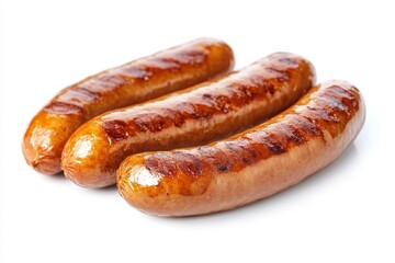Three grilled bratwurst sausages on a white background. A classic German food, these sausages are perfect for a BBQ or a quick meal.