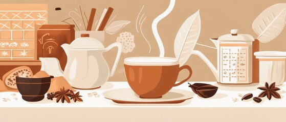 Cozy Tea Setup with Herbs and Spices in Warm Tones