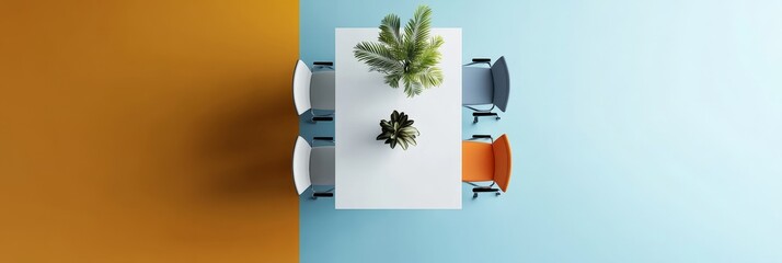 Top view of a modern meeting room with a white table, four chairs, and plants. The room has a minimalist design and is perfect for a productive meeting.