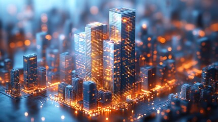 A futuristic cityscape illuminated with vibrant lights.