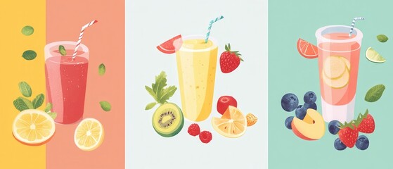 Colorful Juice Drinks with Fresh Fruit and Mint Leaves