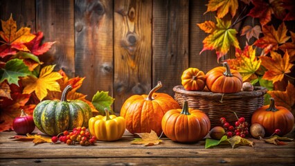 A colorful autumn scene featuring vibrant leaves and pumpkins in a rustic setting, autumn, fall, foliage, pumpkins, harvest