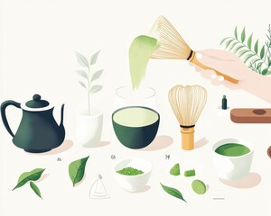 Tea Preparation with Matcha and Greenery Elements