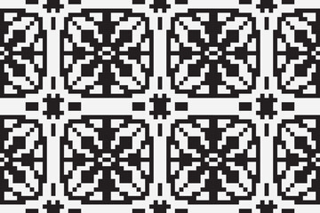 Fototapeta premium Vector monochrome ornamental pattern in ethnic style. Traditional folk motif. Abstract geometric seamless texture with floral shapes, grid,