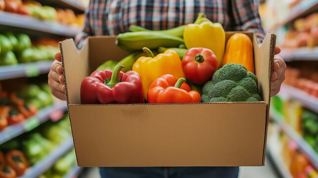 Person holding a cardboard box filled with fresh bell peppers and cucumbers in a grocery store.