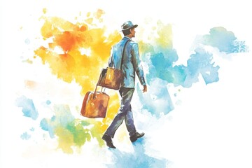 Fototapeta premium Watercolor illustration of a sales representative walking with a suitcase, symbolizing travel, business, growth, opportunity, and success.