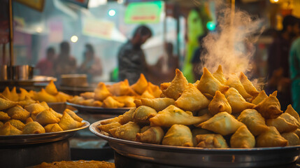Fototapeta premium Freshly fried samosas steaming on large platters at a street food stall.