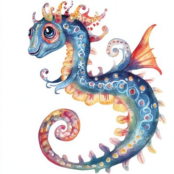 recommend clip art: Watercolor Sea Monster Clip Art, whimsical sea creature with a swirling tail, large eyes, and a vibrant blue and orange color scheme.
