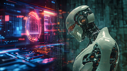 Obraz premium Futuristic Robot Interacting with Digital Interface