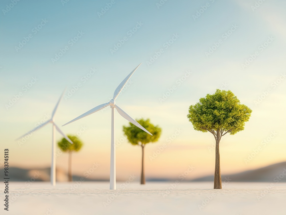 Wall mural Wind Turbine and Trees in a Desert Landscape.