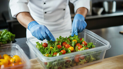 Worker inspecting fresh vegetables, including tomatoes and lettuce, wearing blue gloves.