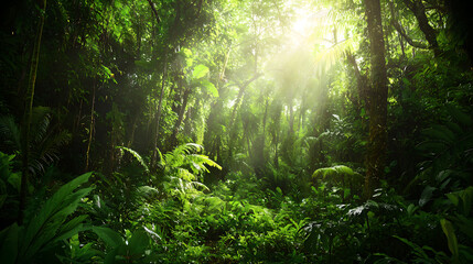 Obraz premium Lush Green Jungle with Sunlight Through Canopy