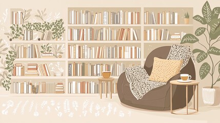 Cozy living room with a comfortable armchair, a side table with a cup of tea, and a large bookshelf filled with books.