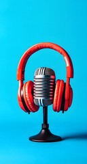 Naklejka premium Red headphones on top of a microphone, set against a blue background.