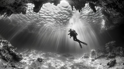 Underwater Cave Diver with Sunbeams Streaming Through the Opening