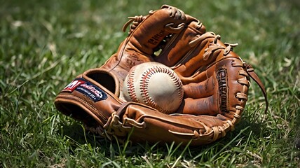 A weathered leather baseball glove, with visible creases from years of use, sitting on a grassy field