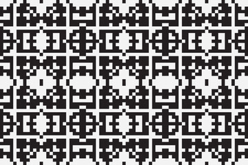 Fototapeta premium Vector monochrome ornamental pattern in ethnic style. Traditional folk motif. Abstract geometric seamless texture with floral shapes, grid,