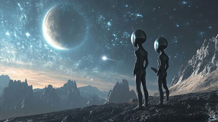 Fototapeta premium Two Alien Figures Gazing at a Distant Planet in a Mountainous Landscape