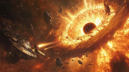 Spaceship Navigating a Fiery Cosmic Vortex Near a Black Hole