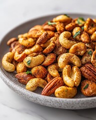 Naklejka premium A close-up of a flavorful mix of spiced nuts on a decorative plate.
