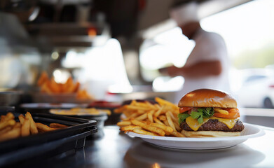 A chef preparing a gourmet burger and fries in a food truck kitchen.
