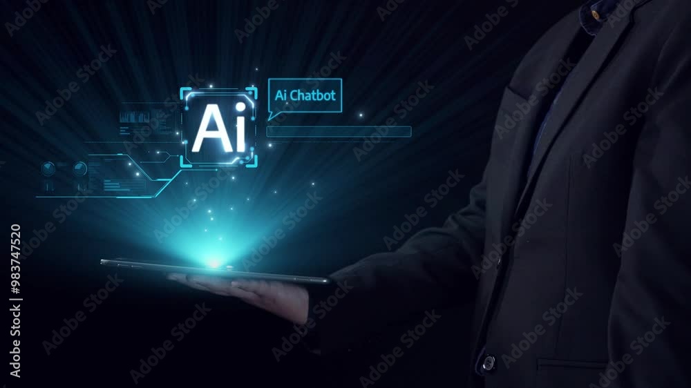 Poster human interact with ai artificial intelligence virtual assistant chatbot in concept of ai artificial