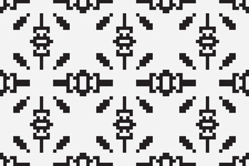 Vector monochrome ornamental pattern in ethnic style. Traditional folk motif. Abstract geometric seamless texture with floral shapes, grid,