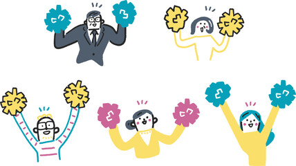 ポンポンを振って誰かを応援する人々　セットのストックイラスト素材
