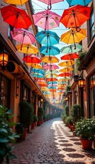 Obraz premium Colorful Umbrellas Lining a Cobblestone Street for Phone Wallpaper.