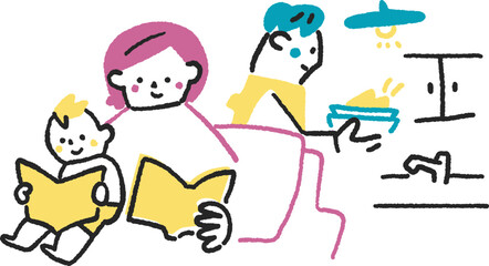 本を読んでいる主婦と子供と家事をする夫　ストックイラスト素材
