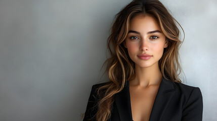 Fototapeta premium A confident young woman poses elegantly against a muted background, showcasing her natural beauty and style.